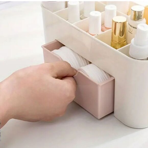 Makeup Organizer Tan Plastic Cosmetic Compartment Storage Box Pink Drawer - Picture 5 of 8